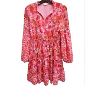 THML Anthropologie Pink Floral Tiered Tassel Dress Puffed Sleeves Extra Small